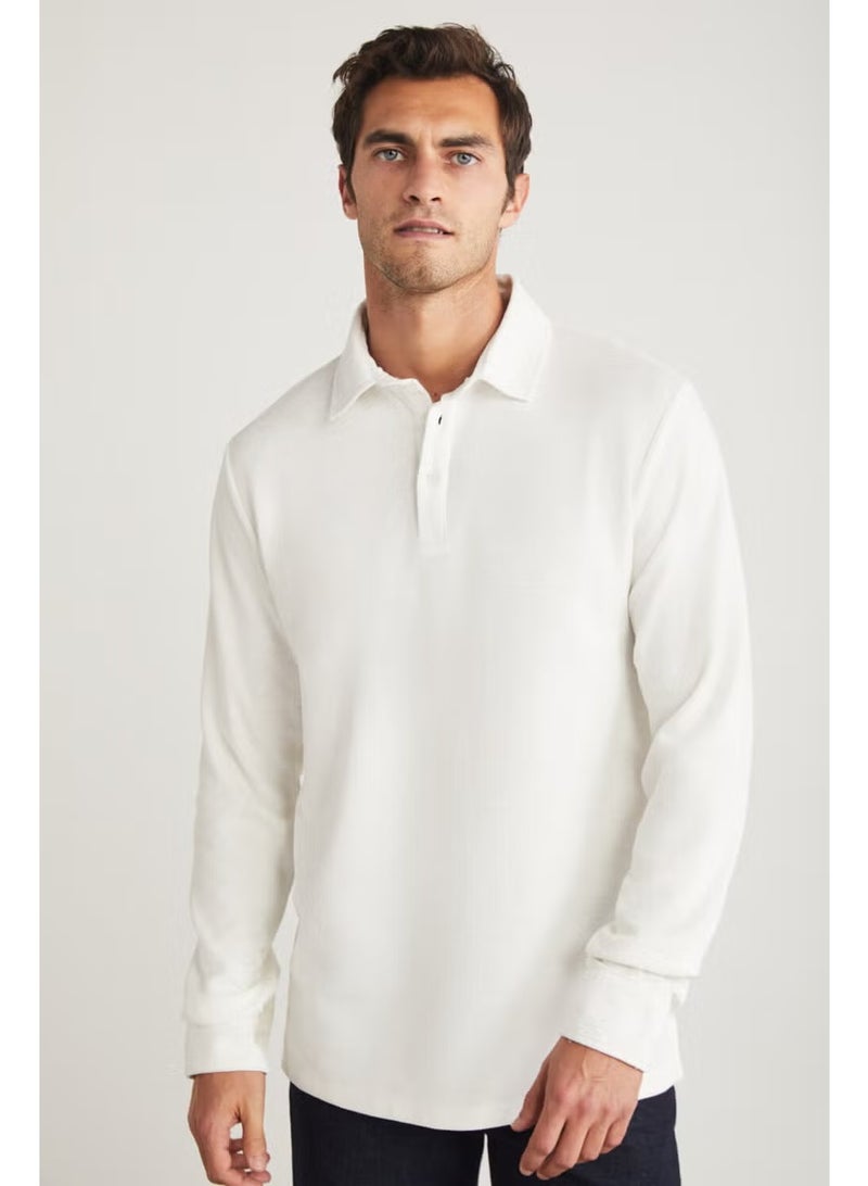 GRIMELANGE Tremont Men's Slim Fit Textured Fabric Long Sleeve Ecru Polo Neck T-Shirt - Image 1